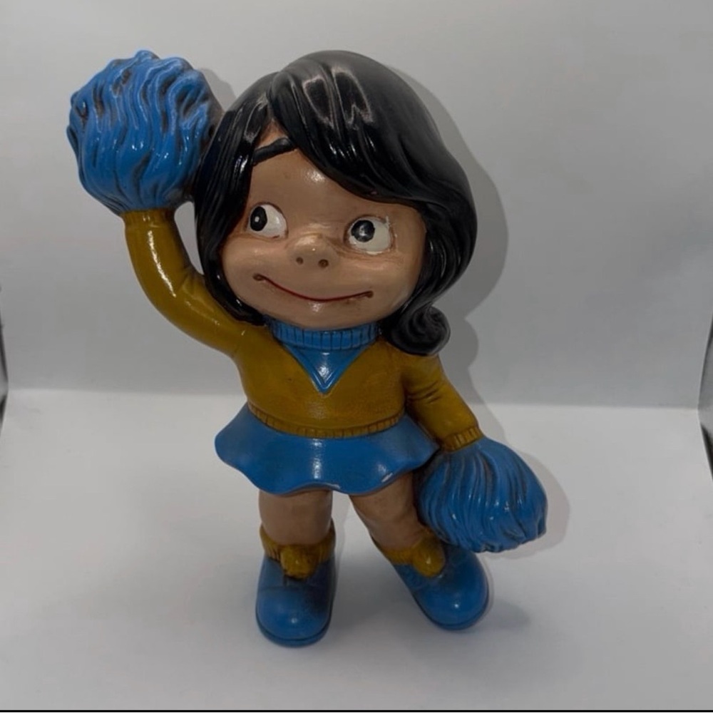 Vintage 70’s Atlantic Mold Hand-Painted Gold / Blue Ceramic Cheerleader Figure